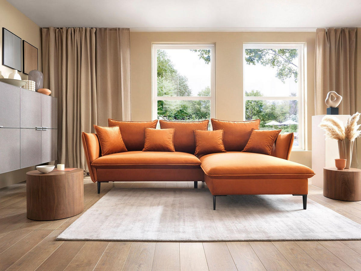 ECKSOFA SOLE Orange Plüsch-Stoff mit Schlaffunktion - Orange, Holz (258/167cm) - MASSENO