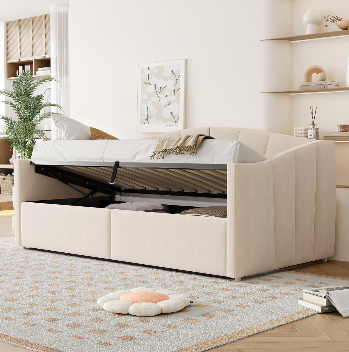 POLSTERBETT 90/200 cm Beige aus Samt mit Bettkasten und Armlehnen - Beige, Textil (90/200cm) - Flora Grace