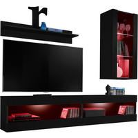 WOHNWAND 4-er Set, TIVOLI SET5 mit mehrfarbige LED RGB Beleuchtung Schwarz + Schwarz, Offener Raum - Schwarz, Glas/Holzwerkstoff (240/195/35cm) - Komodee