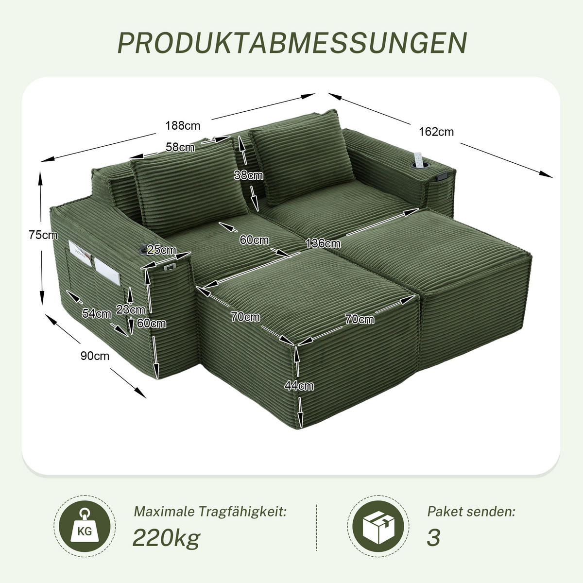 2-SITZER-SOFA DE-33836 mit 2 Hockern Grün - Grün, Textil (188/75/162cm) - ComfortXL