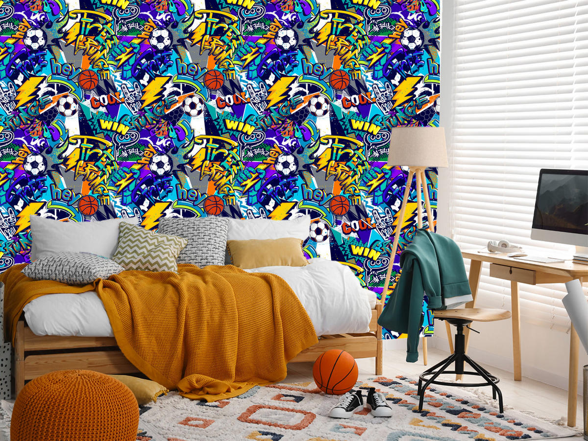 VLIESTAPETE Fußball-Graffiti – Blau, Gelb, Bunt – 50x1000 cm - Blau/Gelb, Papier (50/1000cm) - Muralo