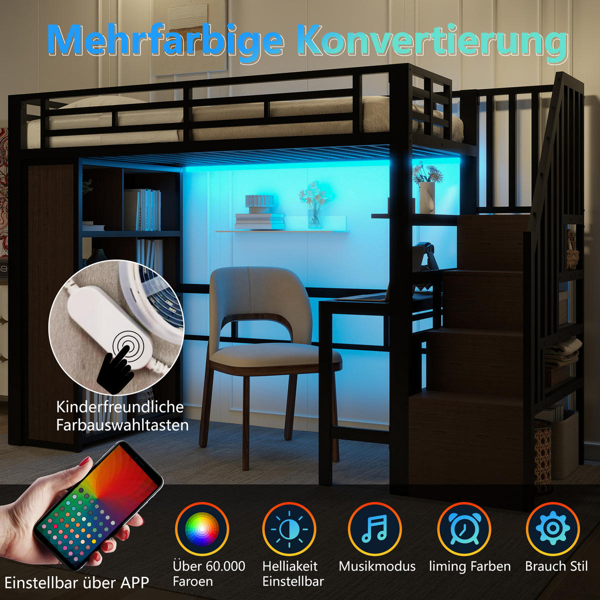 HOCHBETT 90/200 cm Schwarz mit Schreibtisch und LED-Lichtleiste ohne Matratze - Schwarz, Metall (90/200cm) - MIVRAY