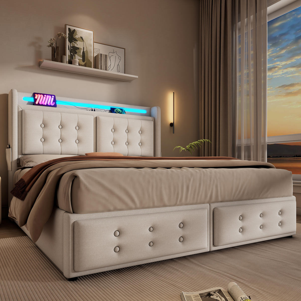POLSTERBETT mit LED und Stauraum 140x200 cm Beige inkl. Matratze - Beige, Metall (140/200cm) - Meubliv
