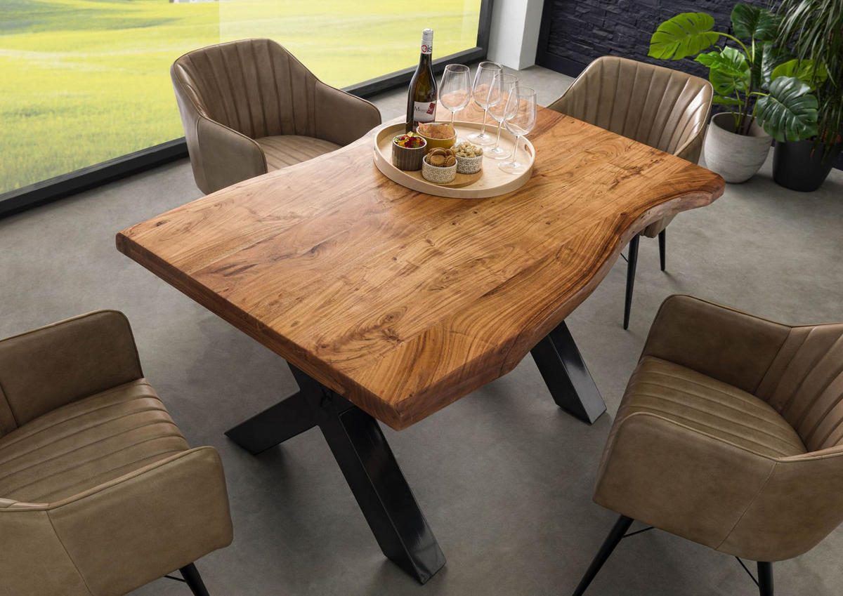 BAUMTISCH Akazie 140x90x77 Akazie natur lackiert / X-Beine anthrazit glänzend FREEFORM 5 - Naturfarben, Holz (140/90/77cm) - Massivmoebel24