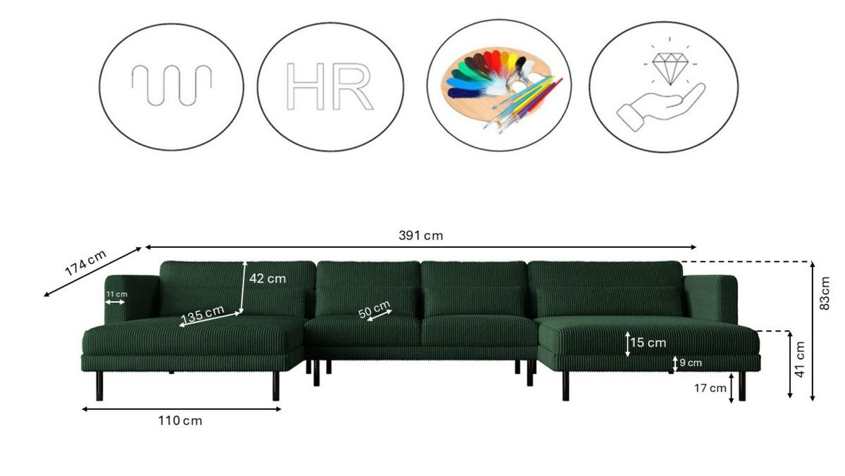 ECKSOFA DANI In U-Form Stilvolles Stoff Poso Grün - Grün, Holz/Textil (174/391cm) - Kaiser Möbel