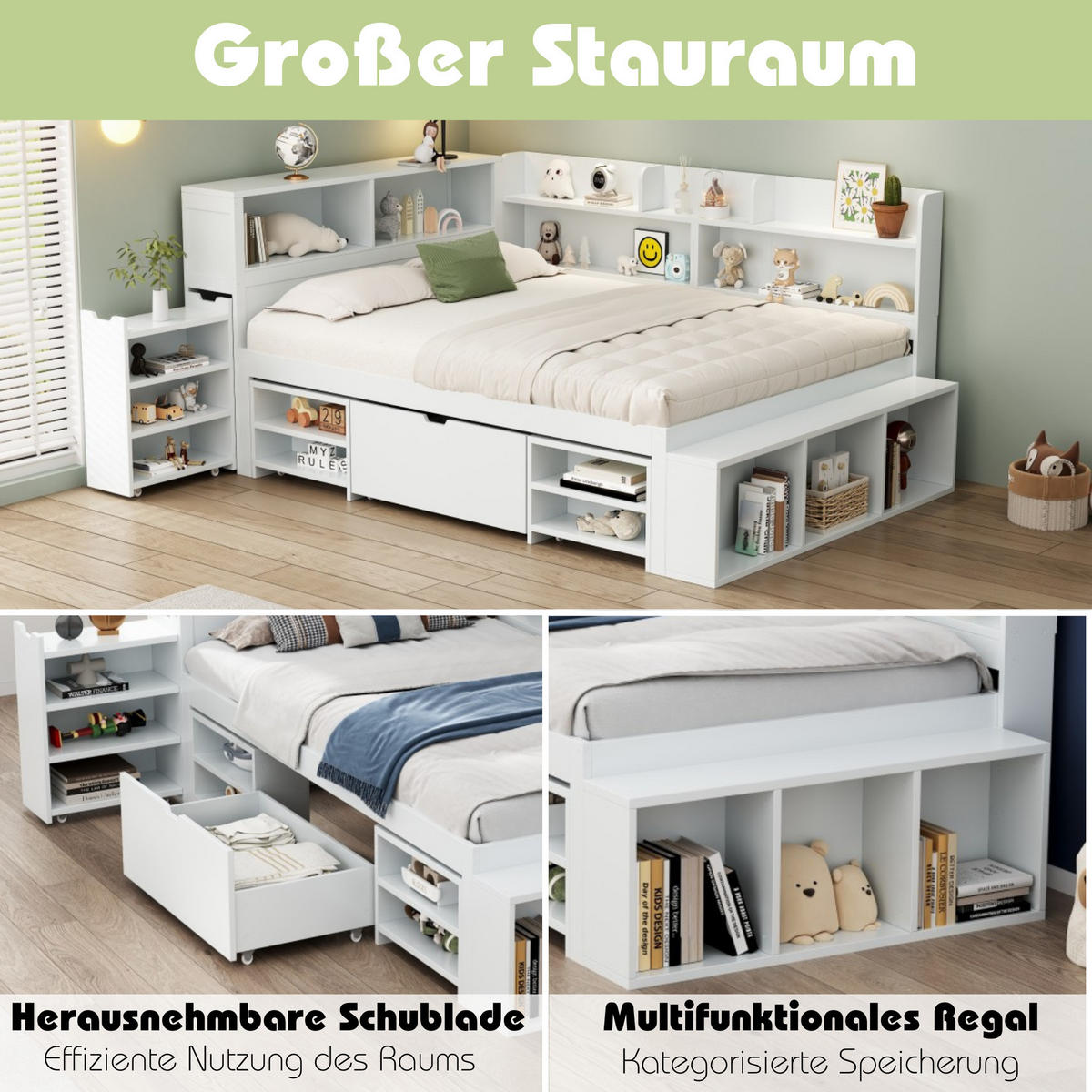 KINDERBETT 90/200 cm in Weiß mit Stauraum und Lattenrost - Weiß, Holzwerkstoff (90/200cm) - Flora Grace