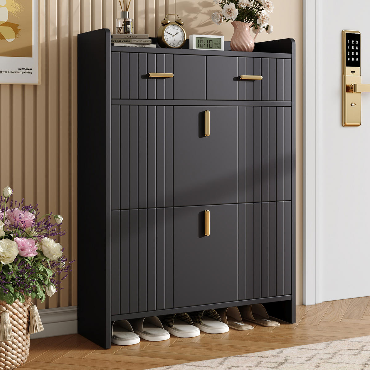SCHUHSCHRANK 75x24x108.5cm Schwarz mit 2 Schubladen - Schwarz, Holzwerkstoff (75/108.5/24cm) - FLIEKS