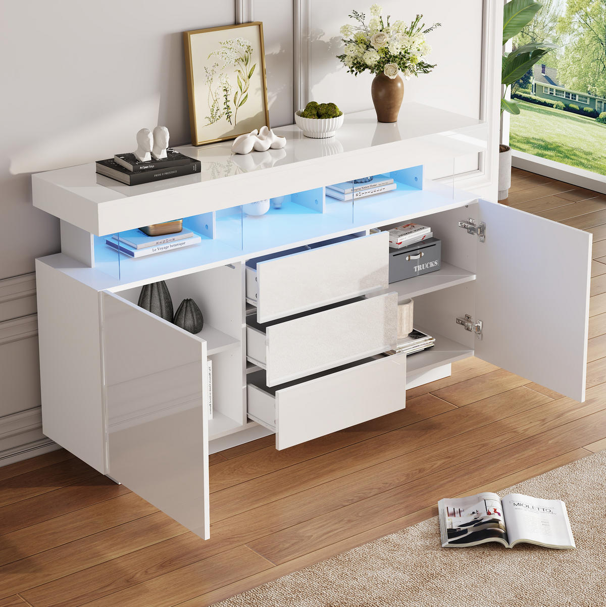 SIDEBOARD 140/35/80 cm weiß aus Spanplatte mit Acryl und LED - Weiß, Holzwerkstoff (140/80/35cm) - OKWISH