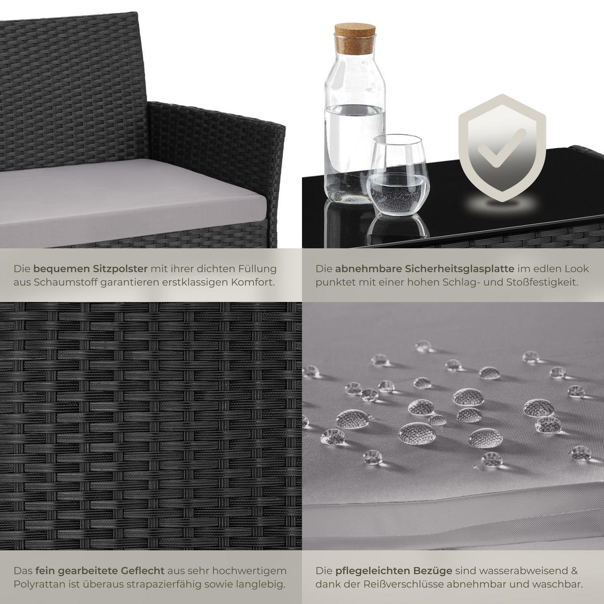 RATTAN GARTENSET Palese,Sofa 250 kg, je Sessel 120 kg,schwarz - Schwarz, Kunststoff - tectake