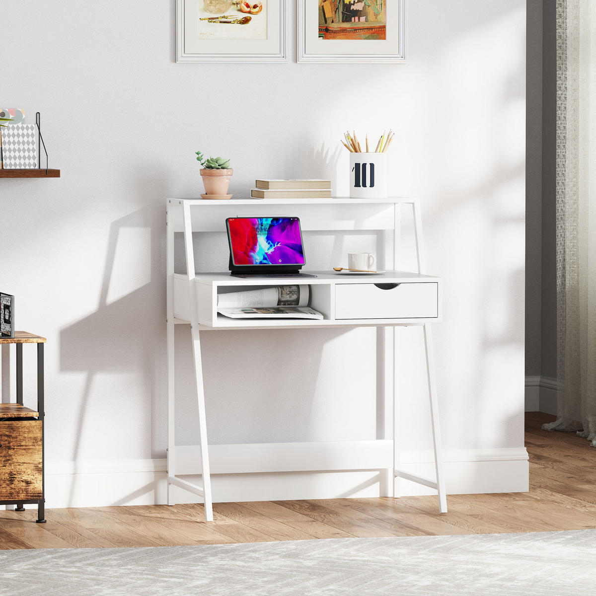 SEKRETÄR SCHREIBTISCH Weiß mit Schublade und Regal 80/50/100 cm - Weiß, Holzwerkstoff (50/80/100cm) - PANGIVO
