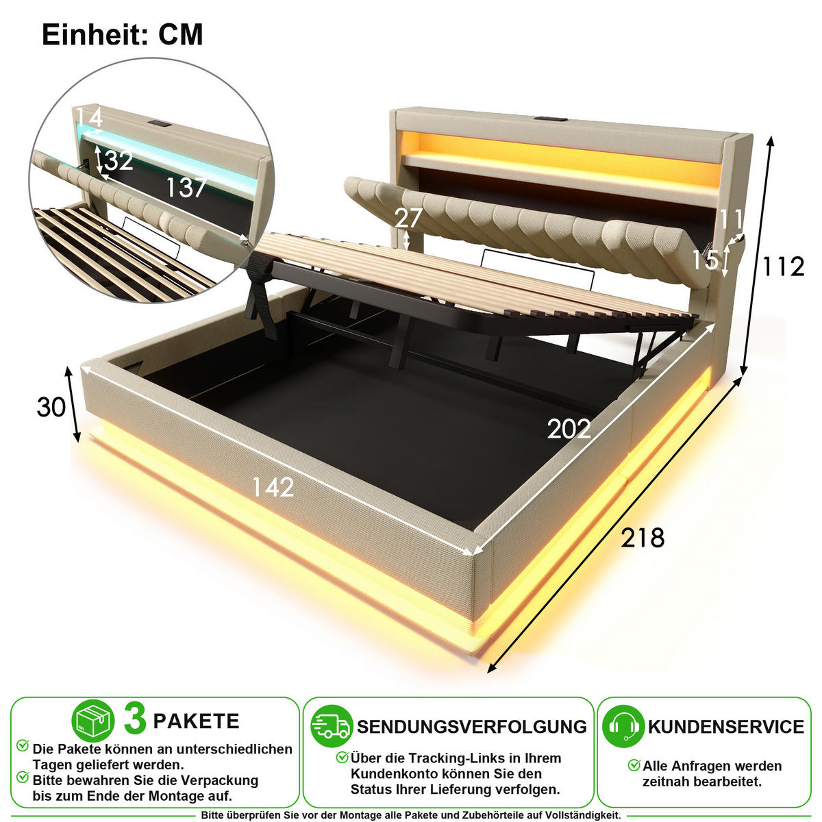 ČALOUNĚNÁ POSTEL 140/200 cm v béžové barvě s úložným prostorem, LED, USB a Type-C - béžová, kov/kompozitní dřevo (140/200cm) - CHICFURN
