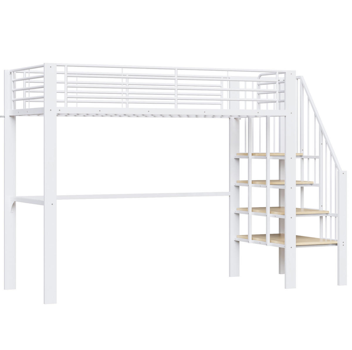 HOCHBETT aus Metall und Holz 90x200 cm Weiß mit Treppe und Stauraum unter dem Bett - Weiß, Metall (90/200cm) - Modfu