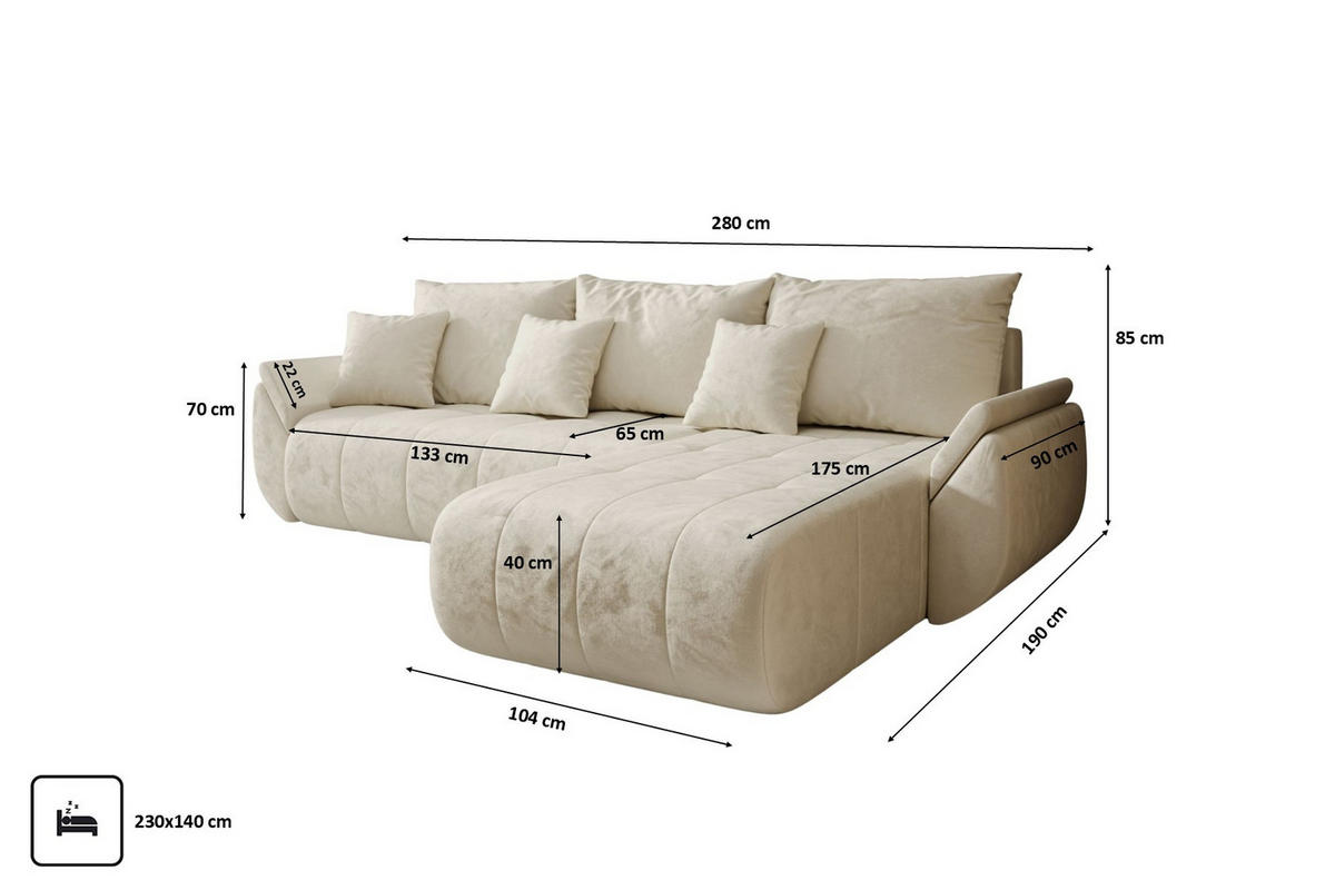 ECKSOFA Mit Schlaffunktion Und Bettkasten TOKYO, Stoff MONOLITH, Ecru, Rechts - Ecru, Holz (280/190cm) - Kaiser Möbel