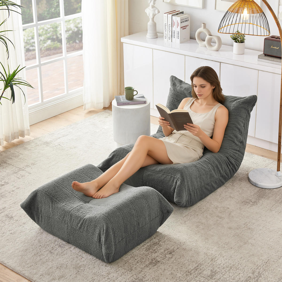 SITZSACK mit Rückenlehne und Fußhocker aus Teddyfell ,Grün - Grau, Textil (90/70/100cm)