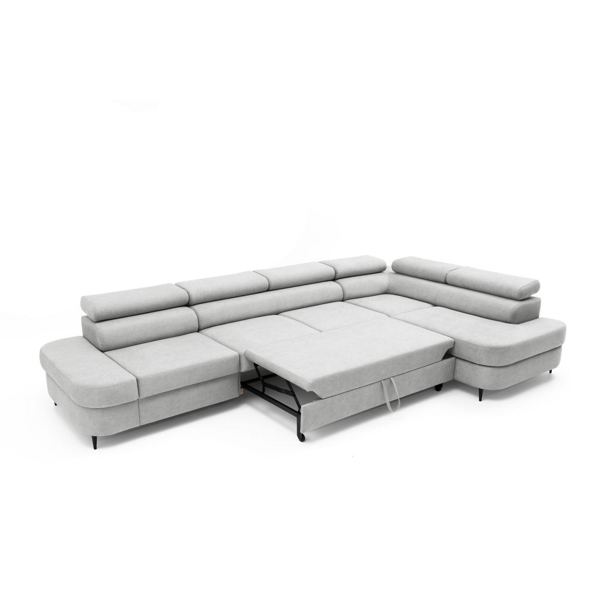 ECKSOFA PRIAM MAXI L-Form Rechts mit Schlaffunktion 125x195 Velours Hellgrau - Hellgrau/Schwarz, Holz/Textil (350/203cm) - Muffo