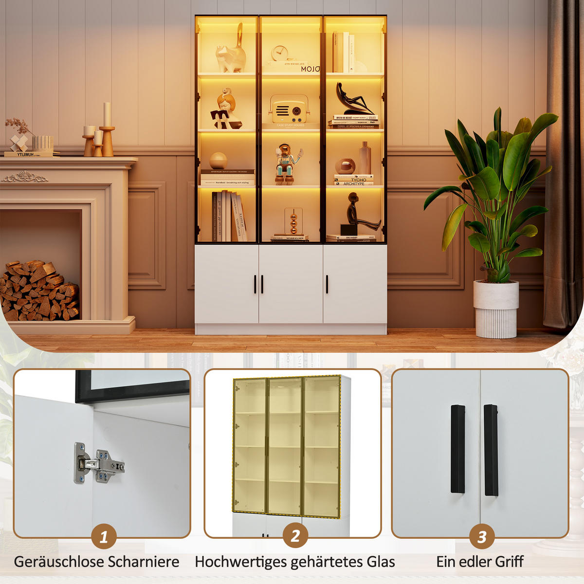 VITRINE LED Glasvitrine Hochschrank 200cm 6 Türen Weiß - Weiß, Holzwerkstoff (120/200/32cm) - FLIEKS
