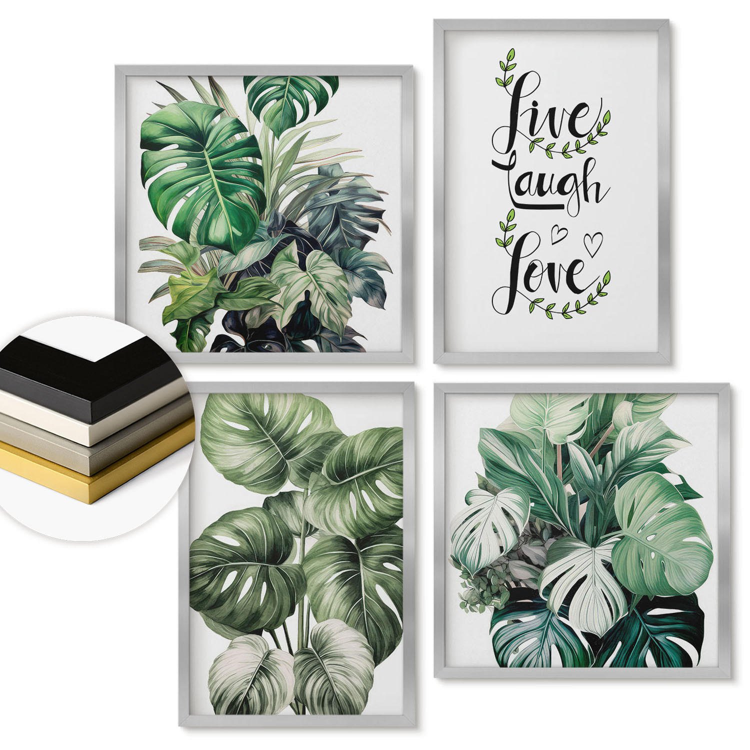 WANDBILDER 4er Set - 50x50 cm & 40x60 cm Silberner Rahmen - Blattpflanzen leben, lachen, lieben - Silberfarben, Kunststoff (50/50cm) - ArtPrintCave