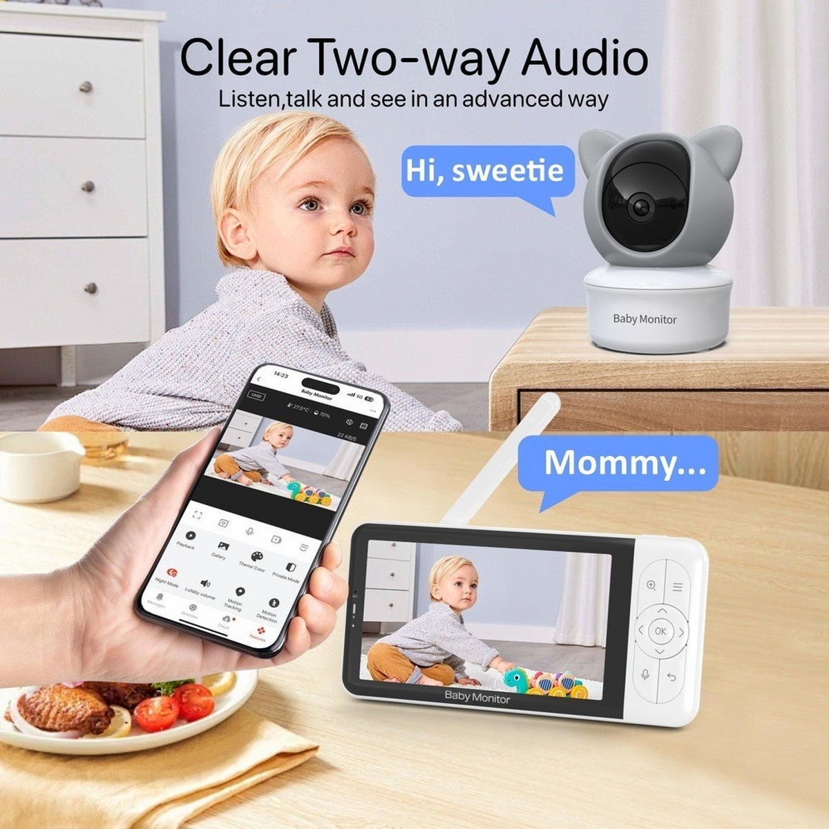 BABYPHONE, 5 Zoll HD Display，EU-Stecker - Weiß, Kunststoff - Authentics