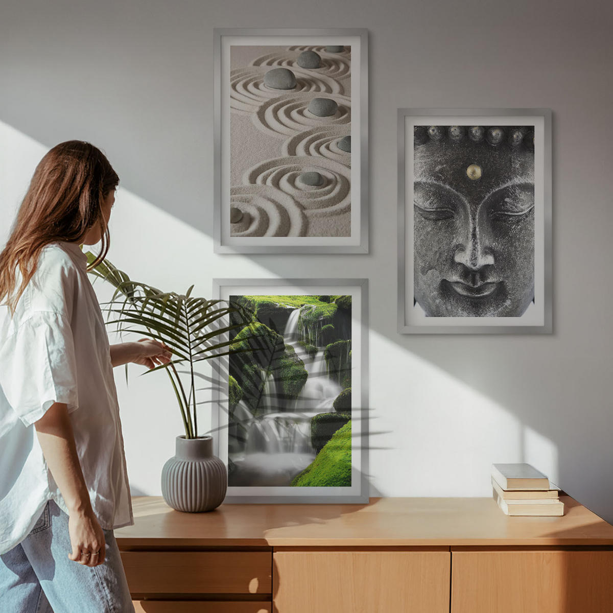 BILDER SET 3er Set - 40x60 cm Silberner Rahmen - Der Frieden der Steine des Buda Zen-Wasserfalls - Silberfarben, Kunststoff (40/60cm) - TULUP