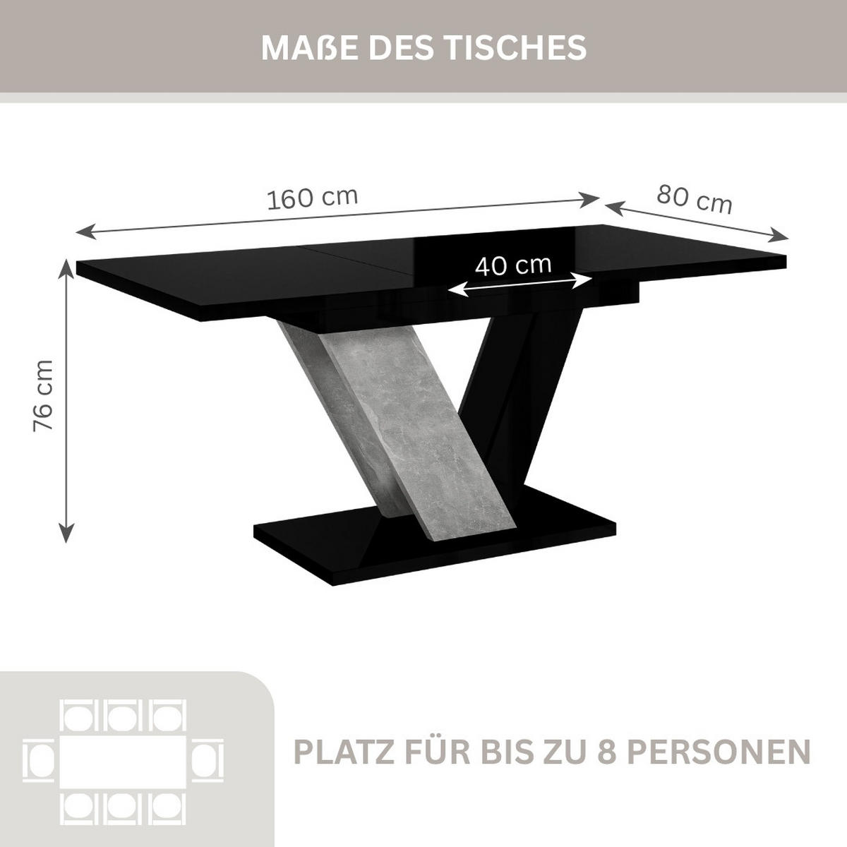 ESSTISCH Schwarz Hochglanz Ausziehbar 120 - 160 cm - Schwarz Hochglanz/Grau, Holzwerkstoff (120/80/76cm) - PROSPERO