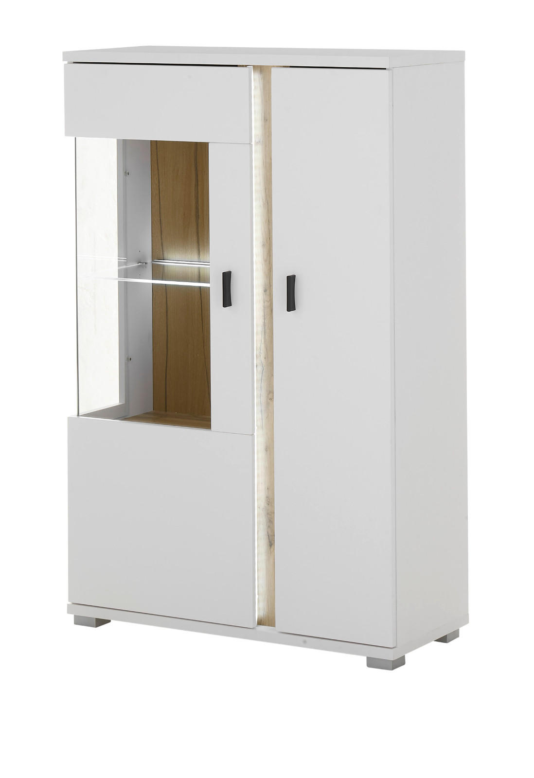VITRINE weiß matt, Eiche Wotan 80 x 125 cm, Highboard inklusive Frontbeleuchtung - Silberfarben/Eiche Wotan, Glas/Holzwerkstoff (80/125/35cm) - Furn.Design