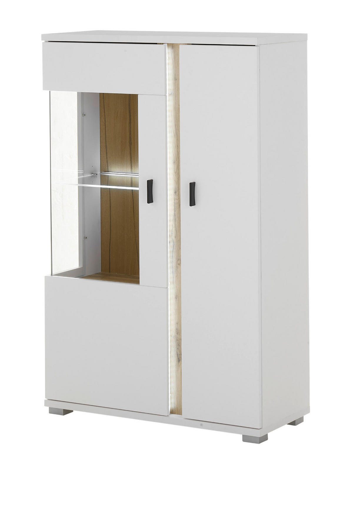 VITRINE weiß matt, Eiche Wotan 80 x 125 cm, Highboard inklusive Frontbeleuchtung - Silberfarben/Eiche Wotan, Glas/Holzwerkstoff (80/125/35cm) - Furn.Design