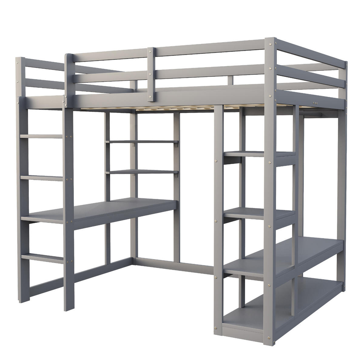 HOCHBETT 140/200 cm Grau mit Tisch und Regalen aus Massivholz - Grau, Holz (140/200cm) - OKWISH