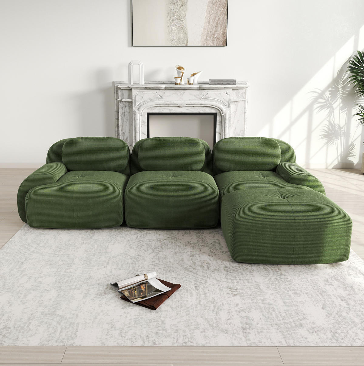ECKSOFA in Grün aus Cord mit 32D-Schaum, rahmenlos und montagefrei - Grün, Textil (178/298cm) - Flora Grace