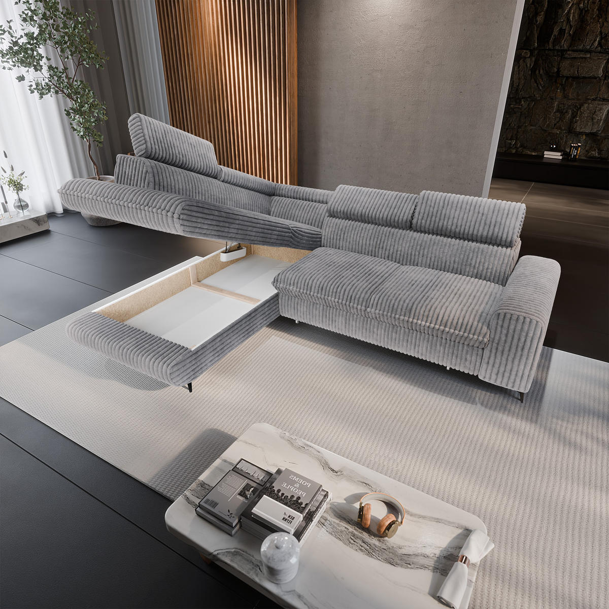 ECKSOFA VELISS Hellgrau Kordstoff mit Schlaffunktion - Grau, Holz (255/193cm) - MASSENO