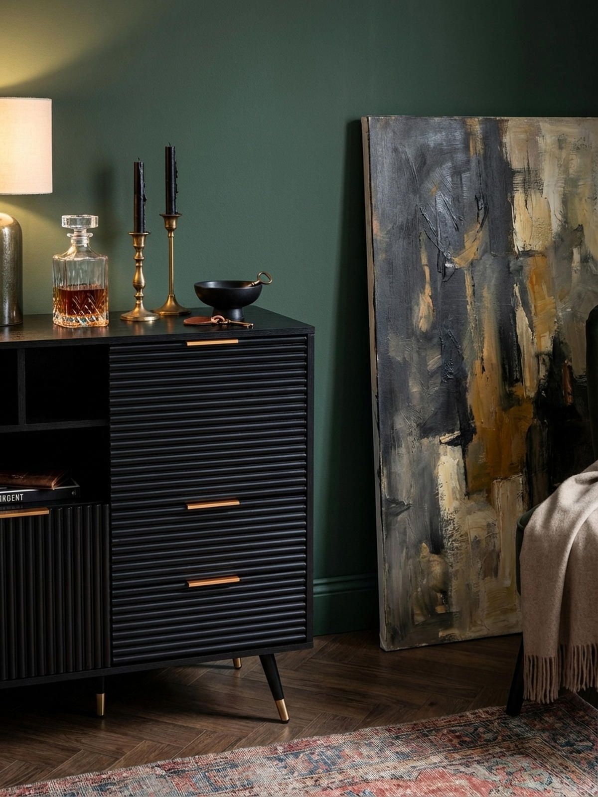 SIDEBOARD – Schwarz/Eiche-Dekor, 77x97x40 cm, mit Türen, Schubladen, Regal, Metallbeine - Goldfarben/Schwarz, Holzwerkstoff/Metall (77/97/40cm) - KADIMA DESIGN