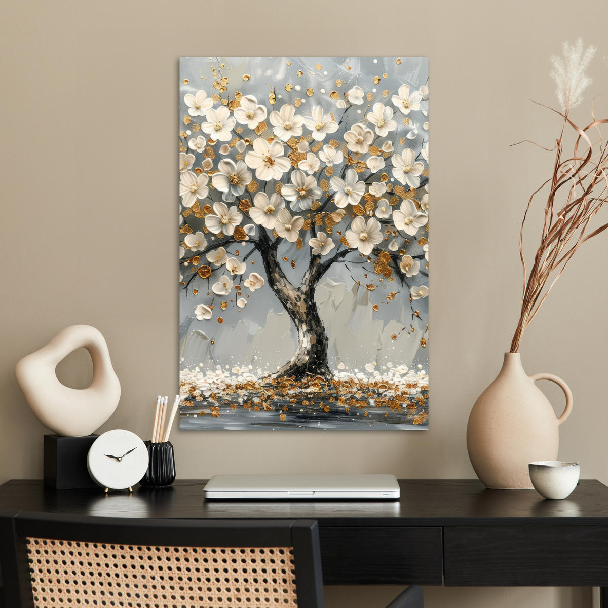 POSTER Baum - Blumen - Weiß - Natur - Kunst 40x60 cm - Weiß, Papier (40/60/0.1cm) - MuchoWow