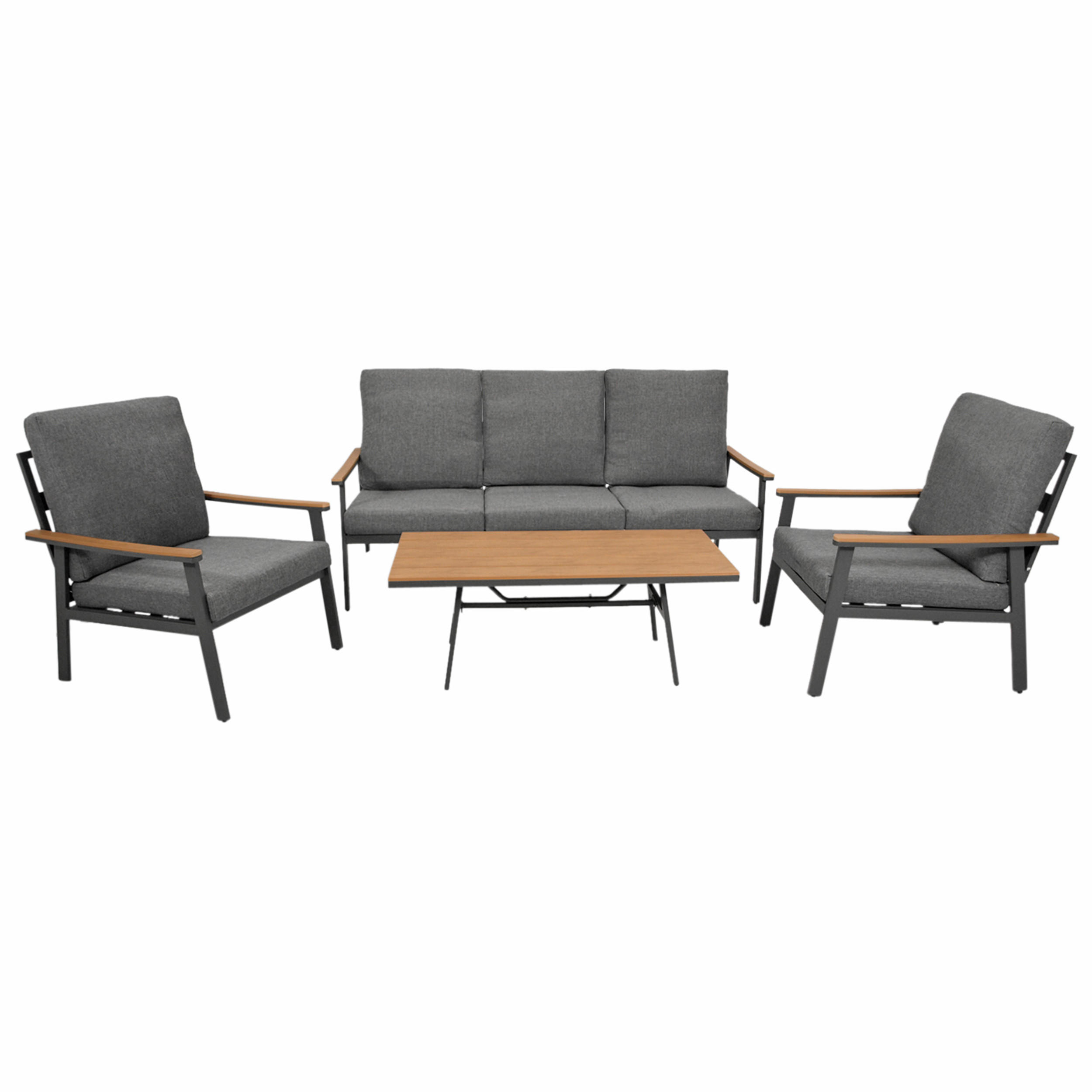 LOUNGESET Chatham - 4-teilig (1x 3-Sitzer Sofa mit Polster, 2x 1-Sitzer Lehnensessel mit Polster, 1x Kaffetisch) - Grau, Metall - TPFGarden