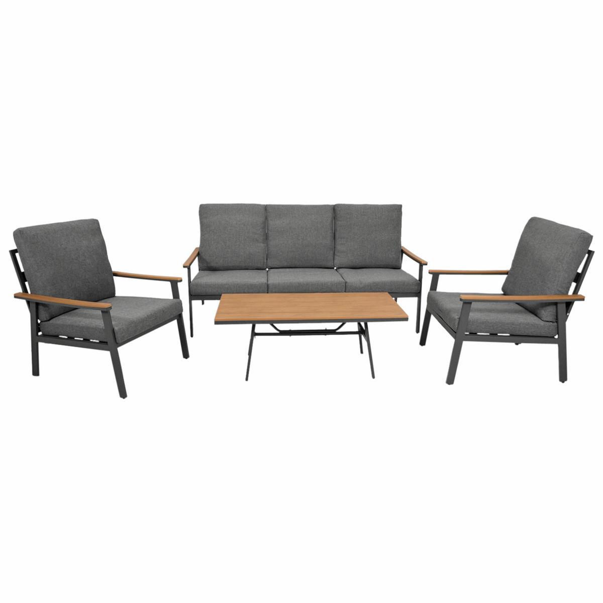 LOUNGESET Chatham - 4-teilig (1x 3-Sitzer Sofa mit Polster, 2x 1-Sitzer Lehnensessel mit Polster, 1x Kaffetisch) - Grau, Metall - TPFGarden