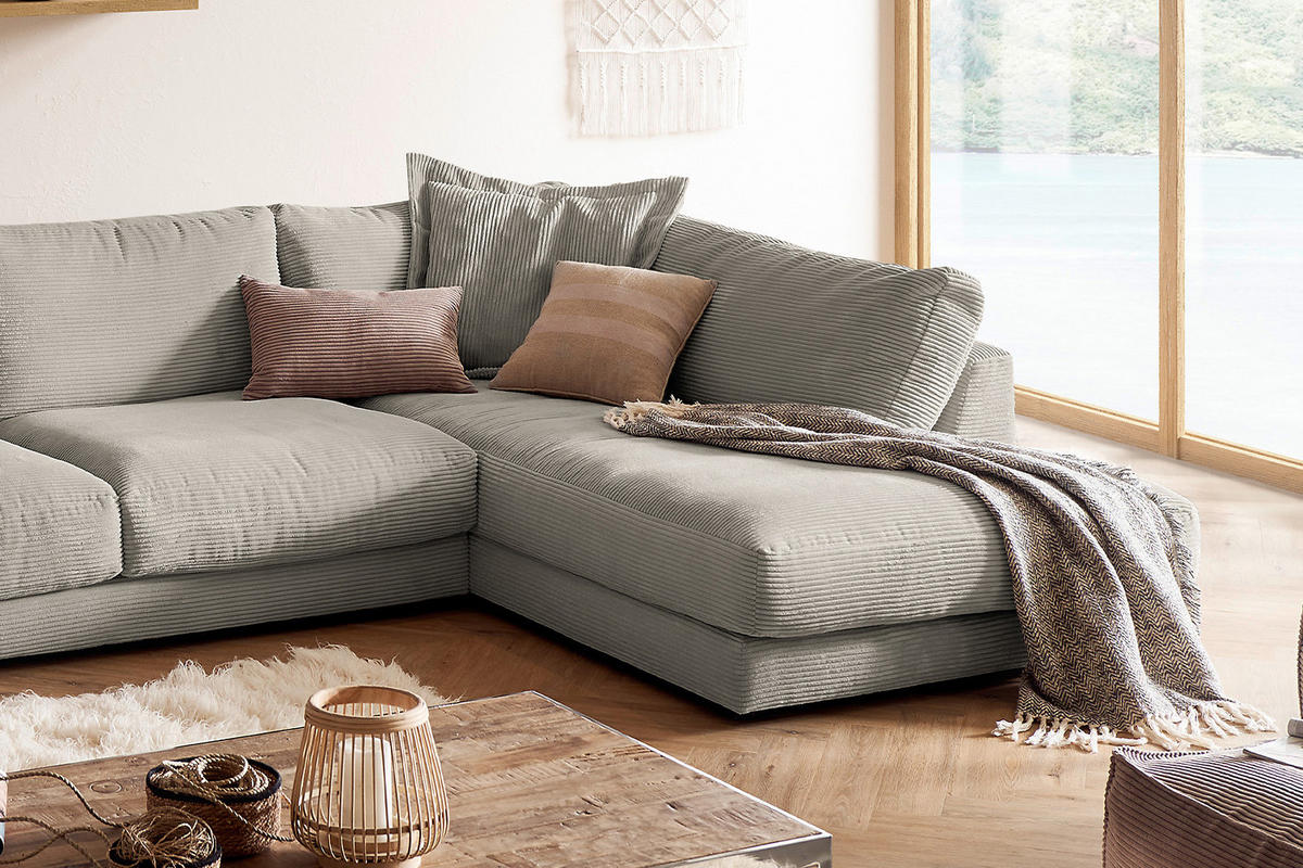 WOHNLANDSCHAFT MADELINE Granit Cord - Greige/Schwarz, Kunststoff/Textil (425/86/224cm) - KAWOLA