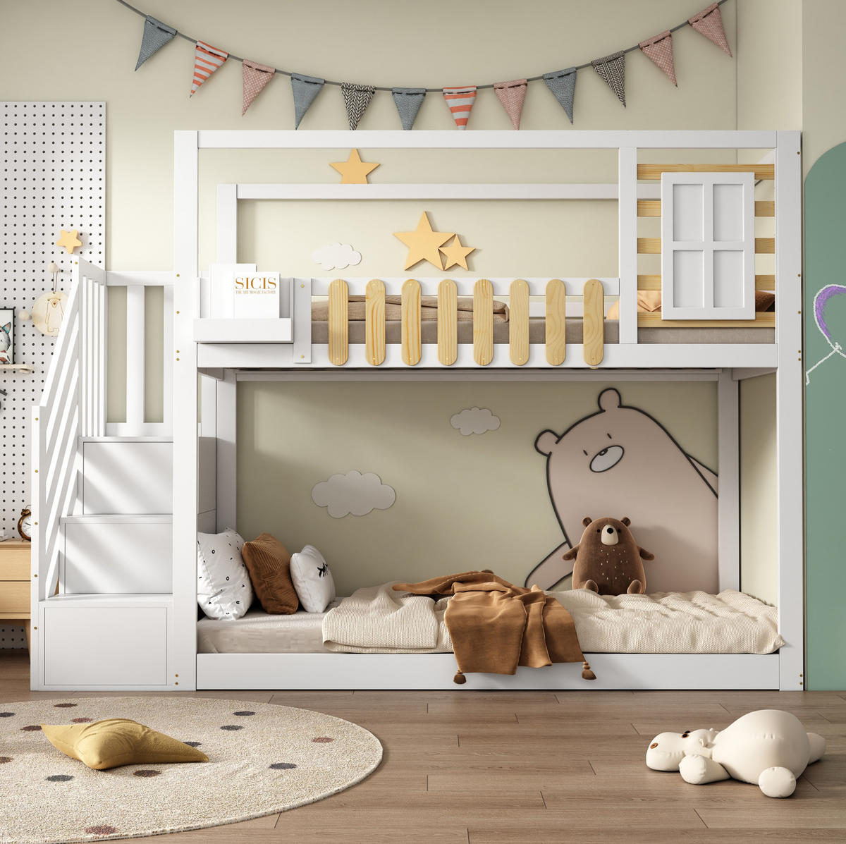 ETAGENBETT 90/200 cm Weiß/Natur mit Treppe, Stauraum und Fensterdesign - Weiß, Holzwerkstoff (90/200cm) - Flora Grace
