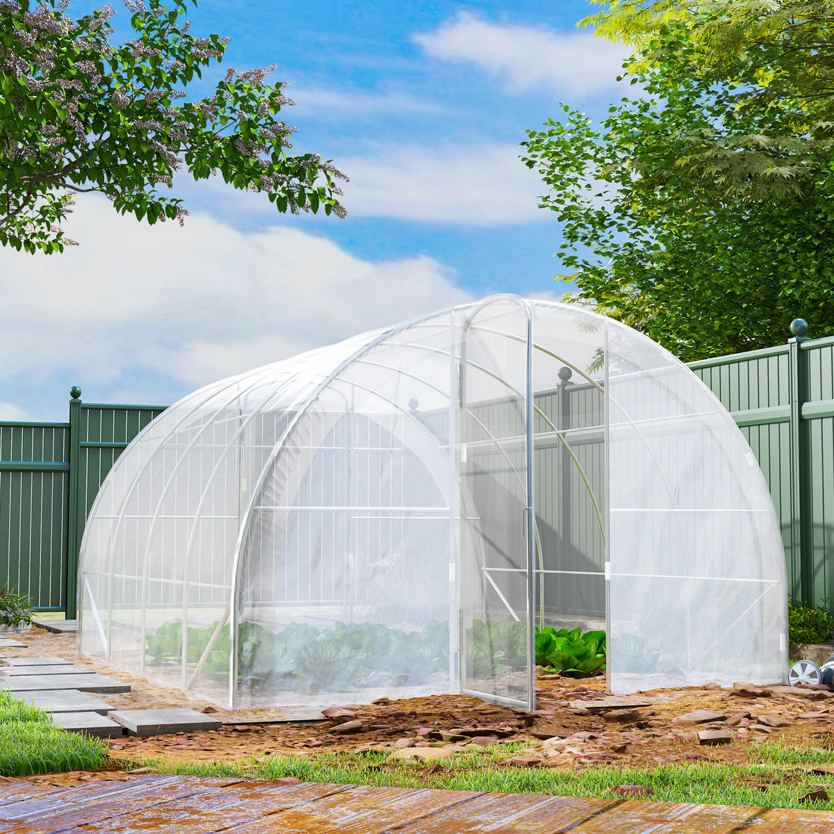 GEWÄCHSHAUS DE-12020 mit 2 Scharniertüren & PE-Bache Grün - Transparent, Kunststoff (295/195/395cm) - ComfortXL