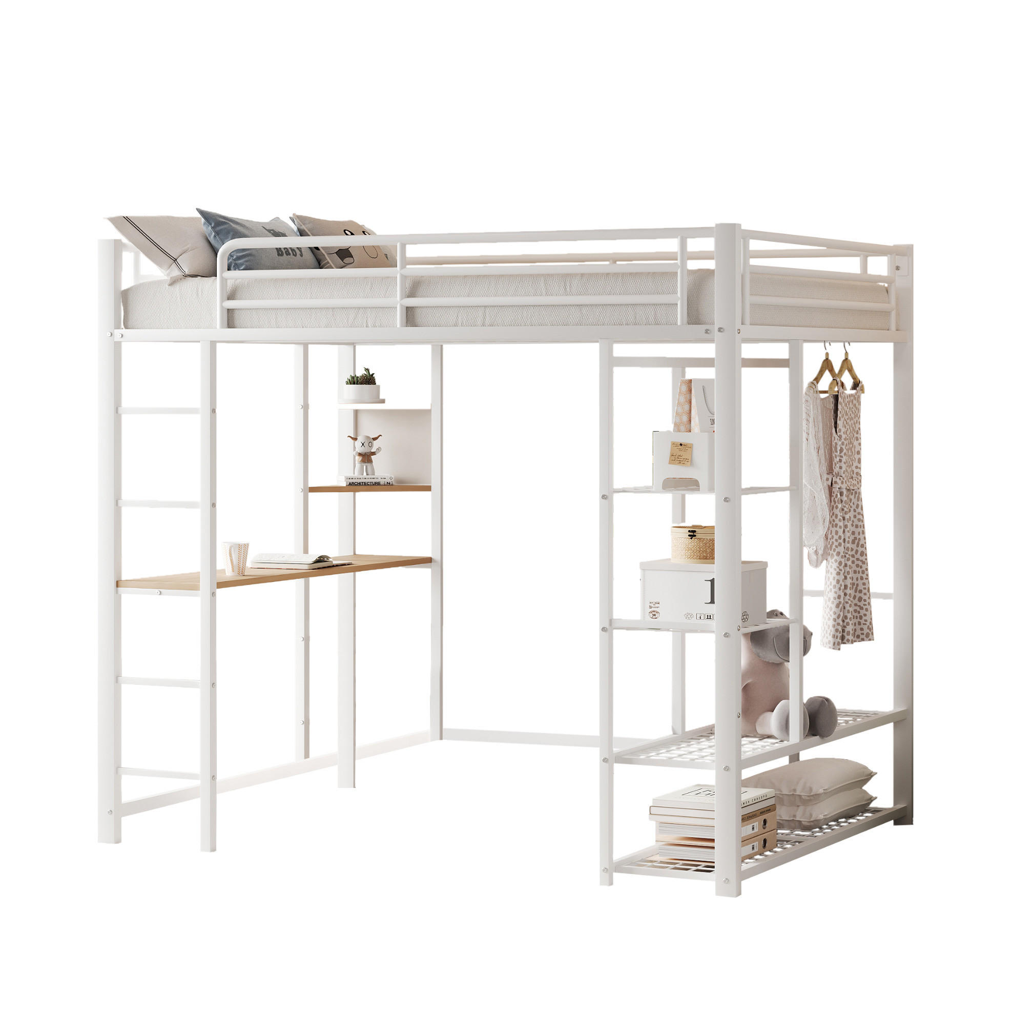 HOCHBETT 90/200 cm aus Metall mit Schreibtisch und Kleiderstange Weiß - Weiß, Metall (90/200cm) - Modenvie