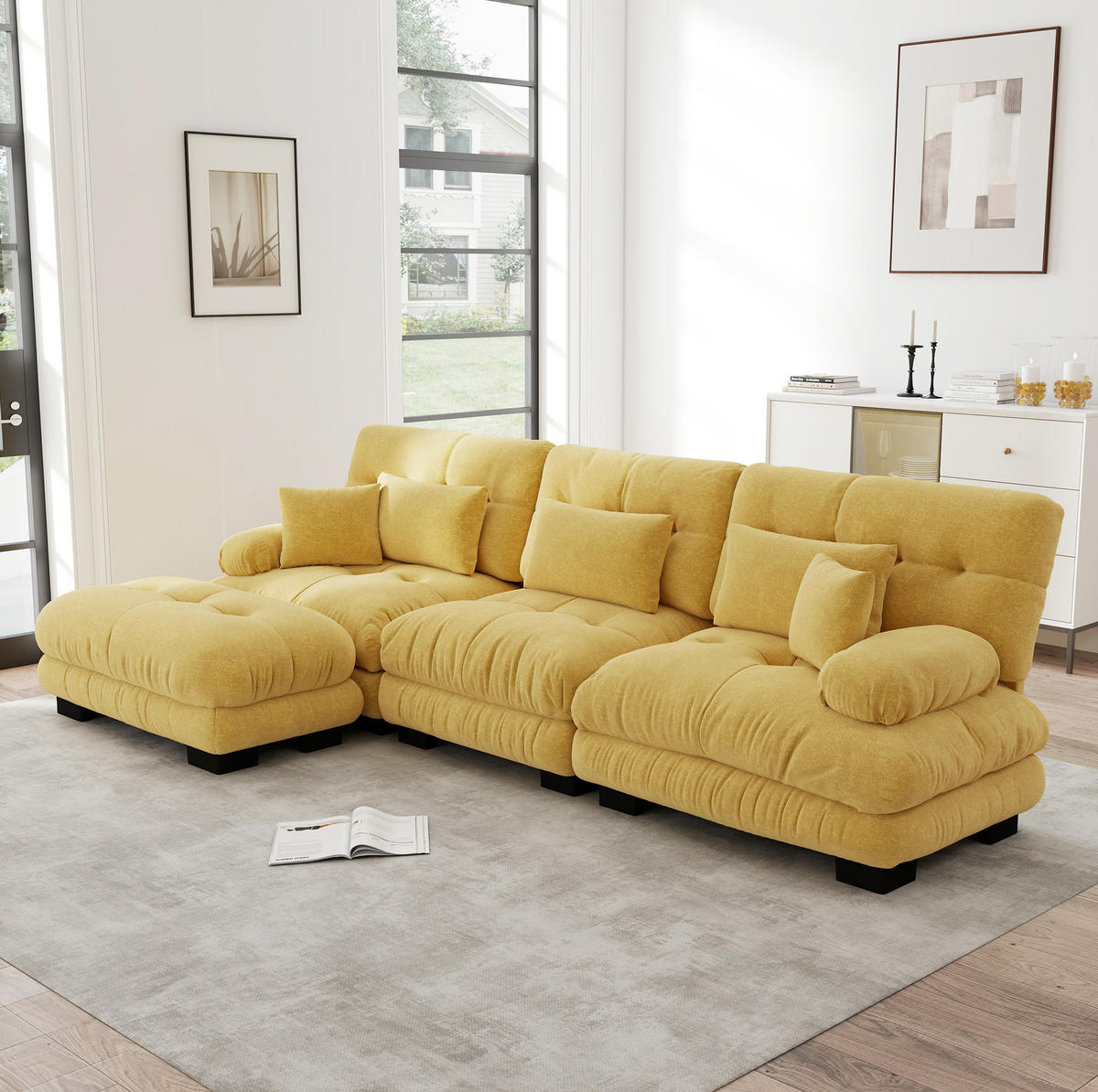 MODULARES Ecksofa aus Chenille 313x145x81 cm in Gelb mit Ottomane - Gelb, Textil (145/81/313cm) - Modfu