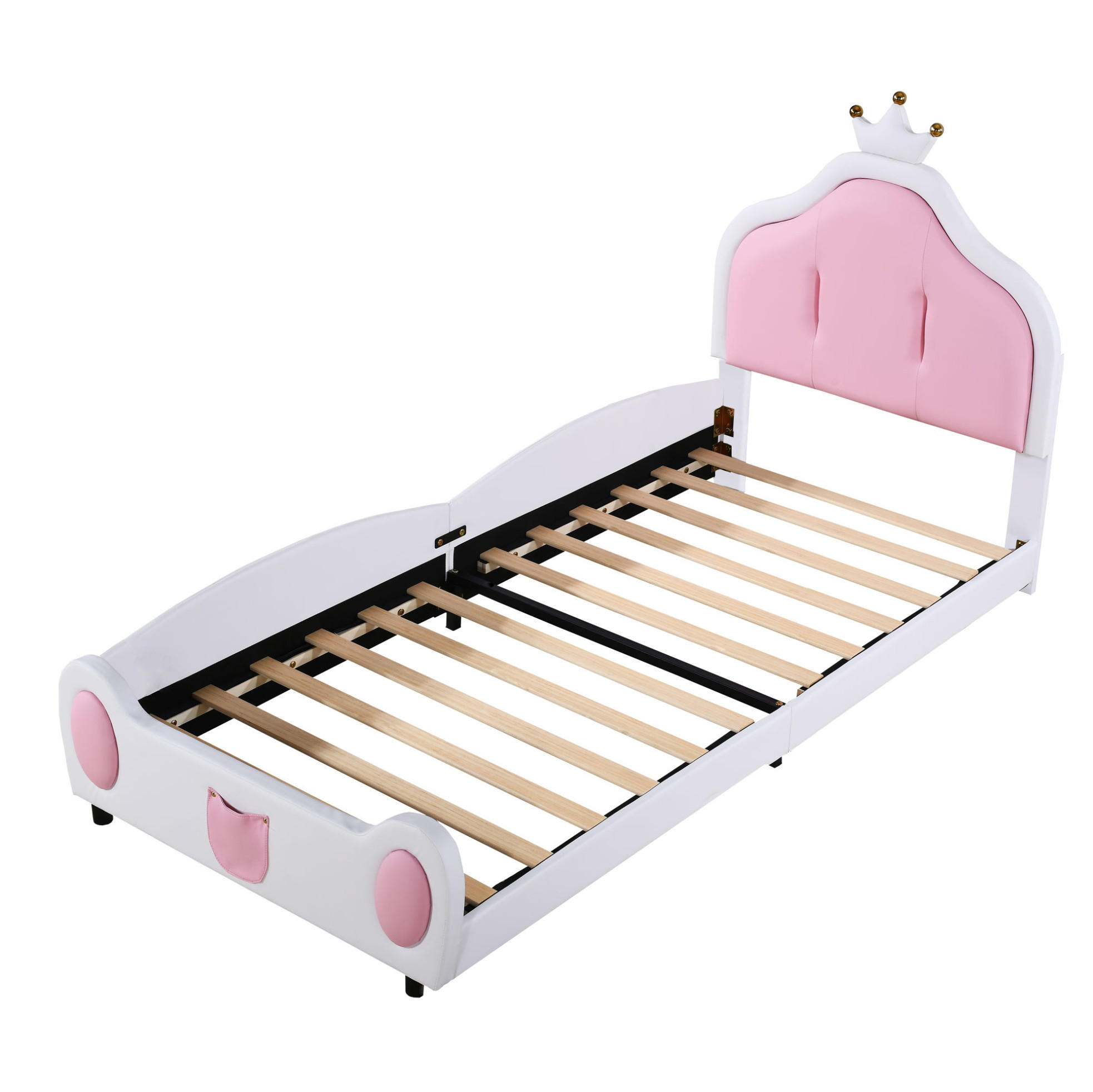KINDERBETT 90/200 cm Weiß/Pink mit Kronenleiste aus Kunstleder - Weiß, Textil (90/200cm) - OKWISH
