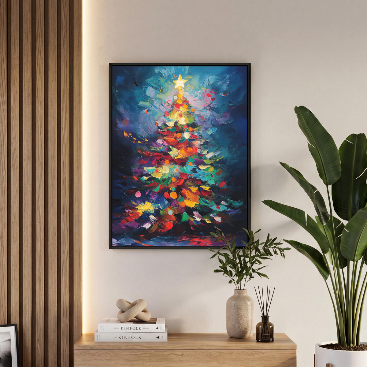 LEINWAND Bilder mit Rahmen - Weihnachtsbaum - Weihnachten - Abstrakt - Farbenfroh - 60x80 - Multicolor, Textil (60/80cm) - MuchoWow