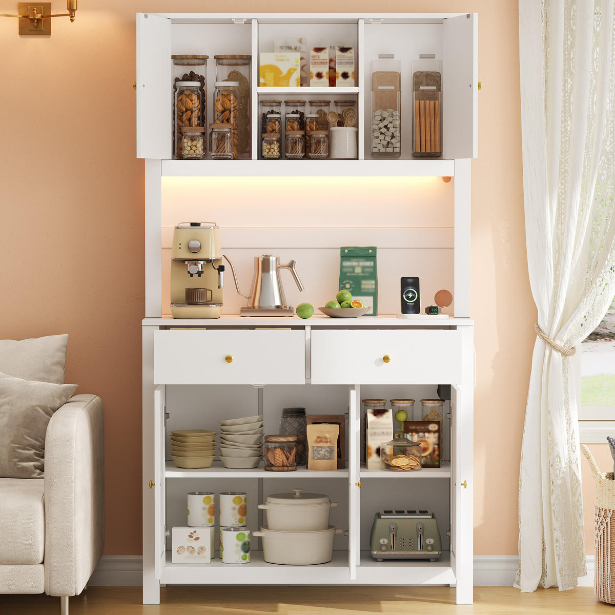 BUFFET DE-38637 100/40/180 cm LED-Beleuchtung und 5 Rattantüren Weiß - Weiß, Holzwerkstoff (100/180/40cm) - ComfortXL