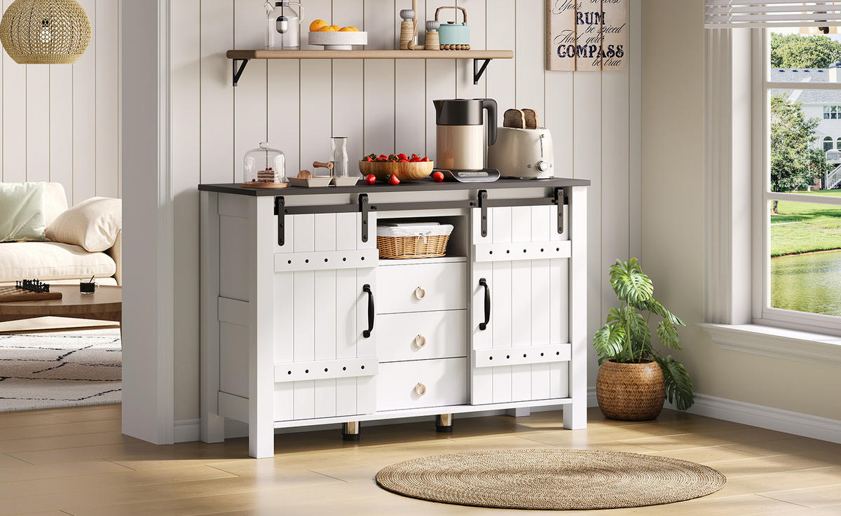 SIDEBOARD im Landhausstil mit 2 Schiebetüren und 3 Schubladen, MDF, 120/40/80 cm, Weiß - Weiß, Holzwerkstoff (120/80/40cm) - Redom