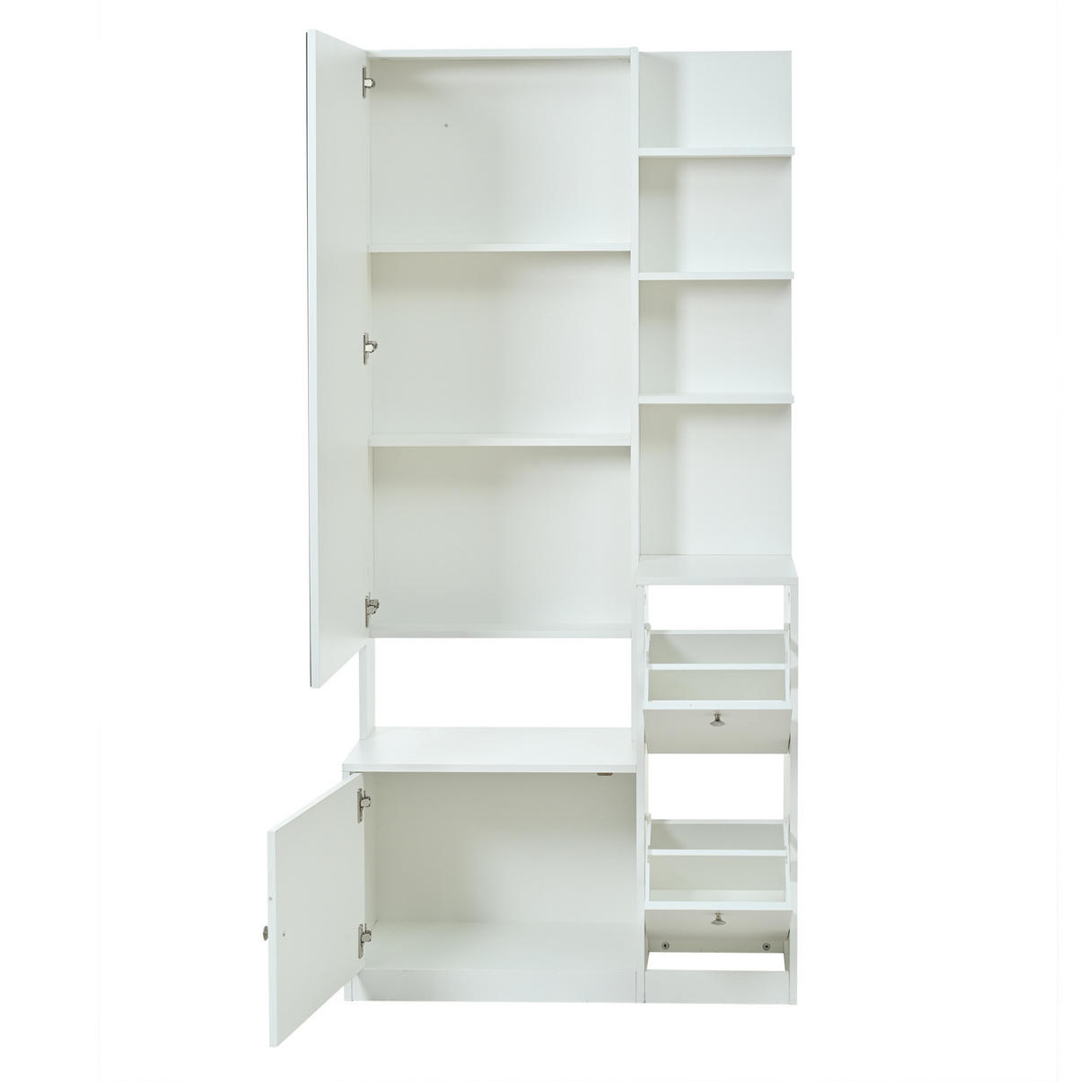 FLURSCHRANK 85/40/180 cm mit Spiegel, 2 Schuhschränken, 5 offenen Ablagen und Spanplatte, Weiß - Weiß, Holzwerkstoff (85/180/40cm) - Redom