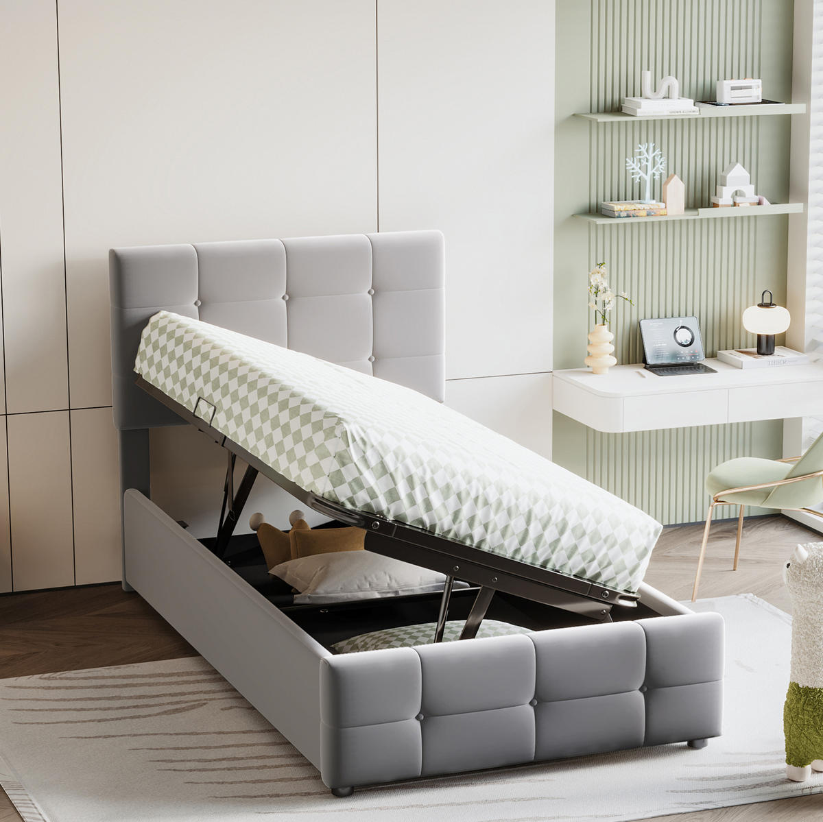 DETSKÁ posteľ 90/200 cm sivá s úložným priestorom a nastaviteľným čelom z čalúneného zamatu - sivá, textil (90/200cm) - OKWISH
