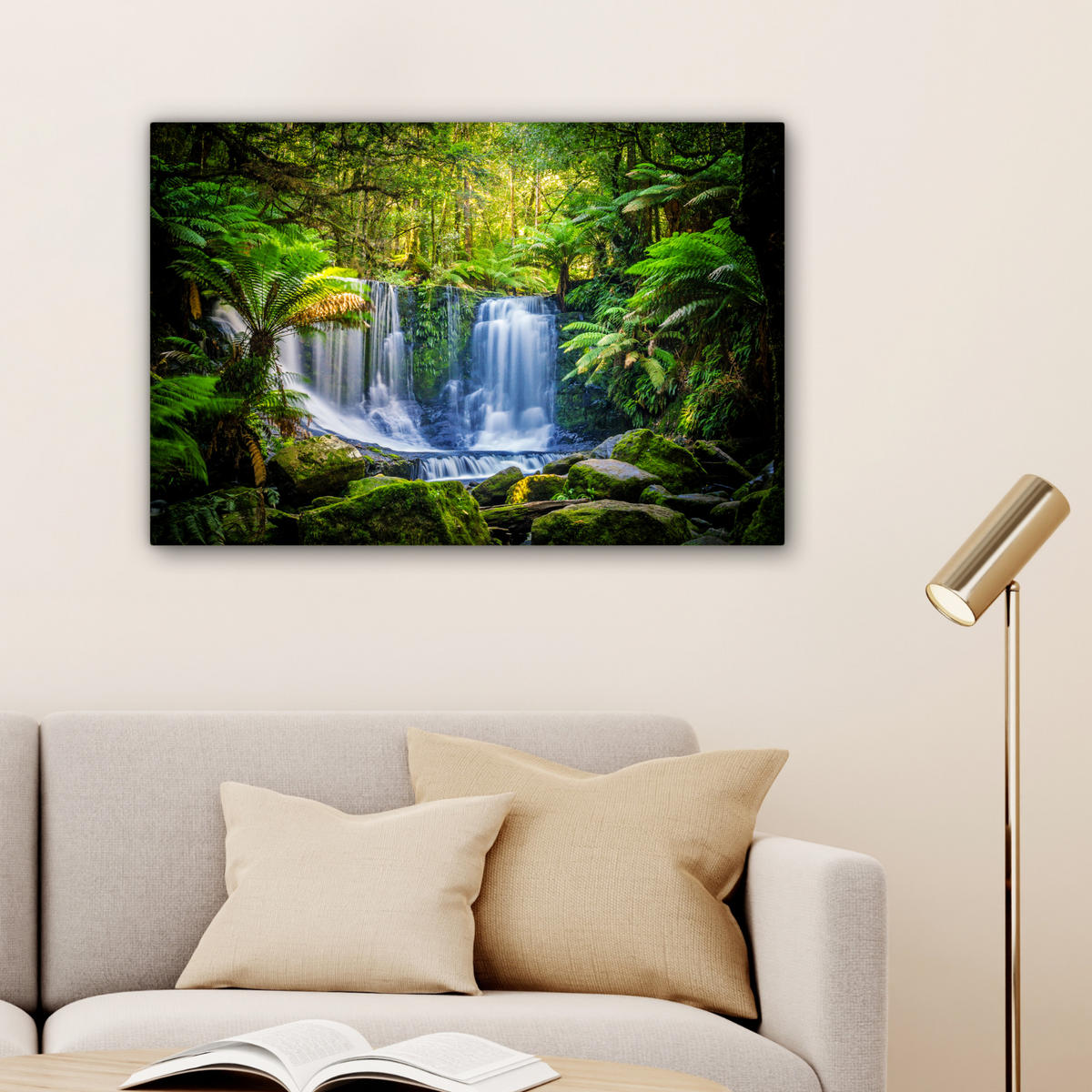 LEINWANDBILD Dschungel - Wasserfall - Australien - Pflanzen - Natur Gemälde 60x40 cm - Dunkelgrün, Textil (60/40cm) - MuchoWow