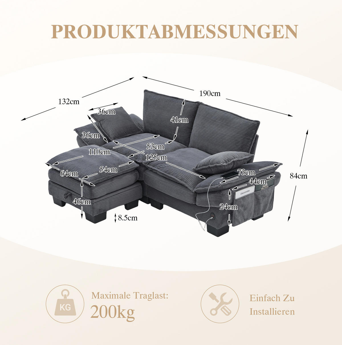 ECKSOFA aus Cord 190x132x84 cm in Dunkelgrau mit Hocker & USB-C - Dunkelgrau, Textil (132/190cm) - Modfu