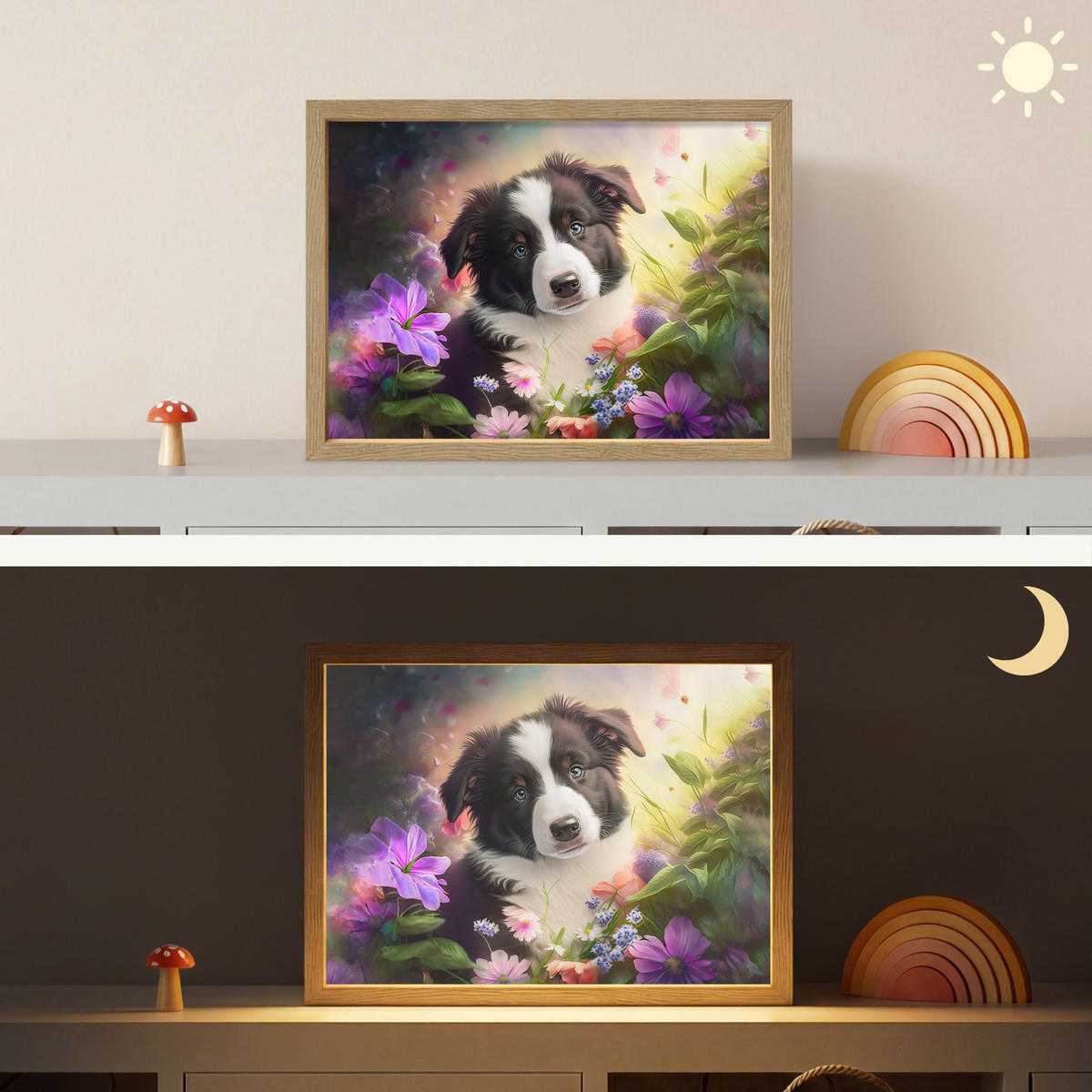 NÁSTĚNNÁ LAMPA S AKUMULÁTOREM Štěně - Slunce - Květiny - Příroda - Border kolie - Pes 40x30 cm - fialová, kompozitní dřevo (40/30/8cm) - OnlyWow