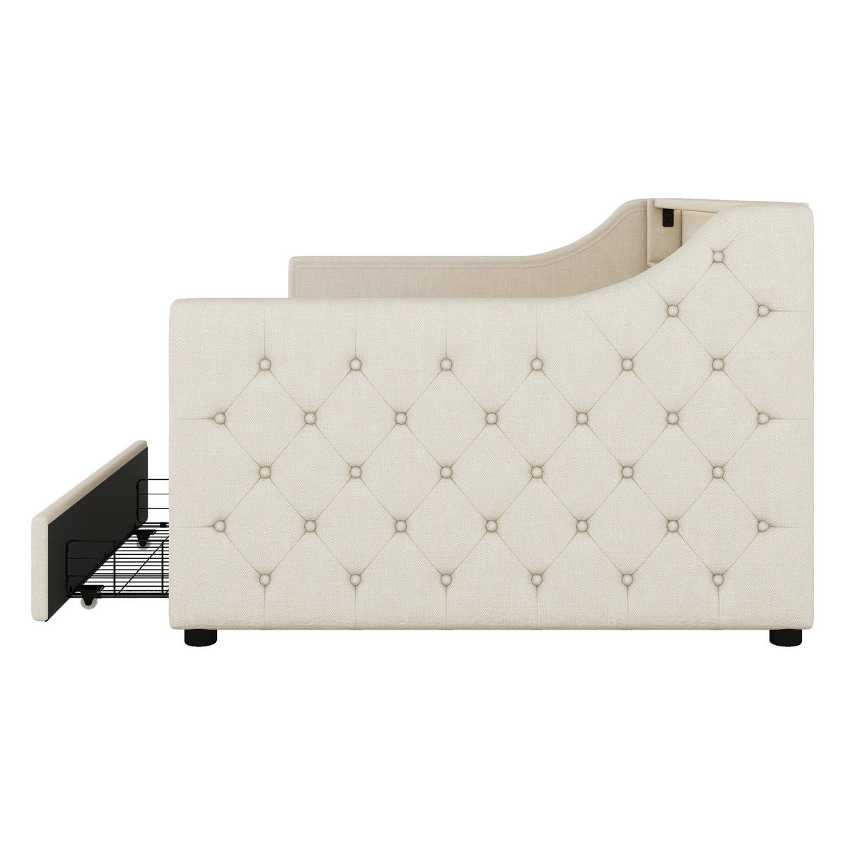 TAGEBETT 90x200cm Beige Leinen Ambientelicht 2 Schubladen USB - Beige, Holz (90/200cm) - FLIEKS