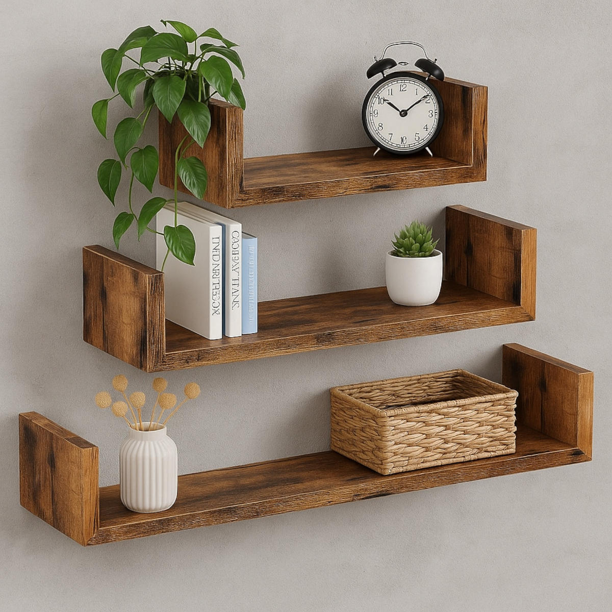 WANDREGAL Holzoptik Dunkelbraun 3er-Set U-Form 30/45/60x15x10 cm - Dunkelbraun, Holzwerkstoff (60/10/15cm) - Begryf