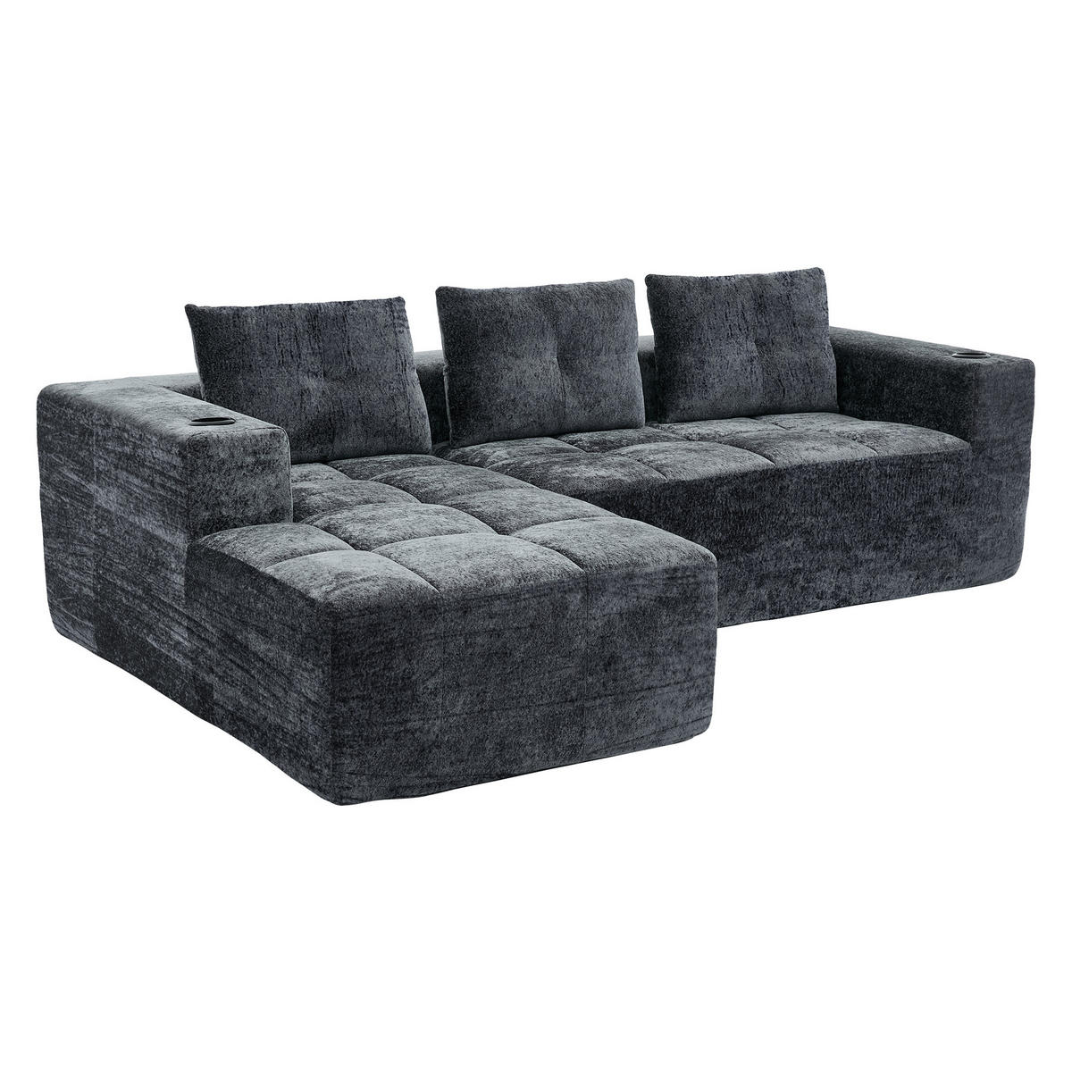 ECKSOFA chenille L-form mit getränkehaltern & 3 kissen - Grau, Textil (258/163cm) - Urban Meuble
